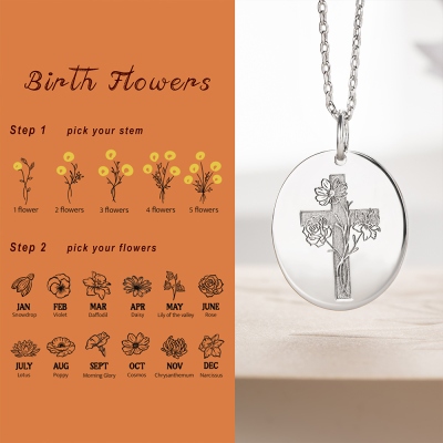 Custom Birth Flower Cross Necklace, Sterling Silver 925 Birth Month Flower Bouquet Bible Verse Necklace, Birthday/Christmas/Spiritual Gift for Women