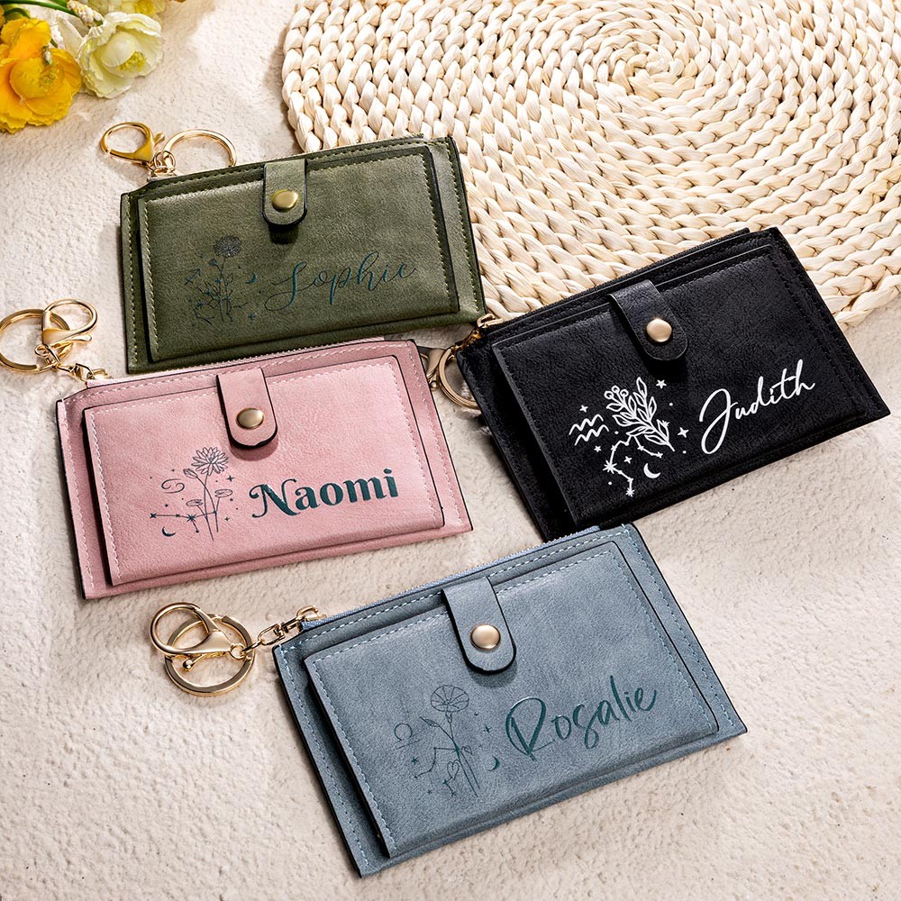 Personalized Zodiac Month Flower Mini Wallet with Name, PU Leather Wallet with Keychain, Card Holder Purse, Mother's Day/Christmas Gift for Women