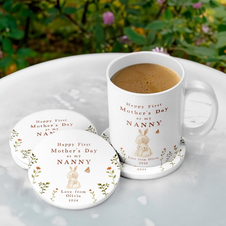 Erste Muttertags-Nana-Tasse und Untersetzer-Geschenk, personalisierte Keramiktasse, süßes Tier-Tassen-Set, Muttertagsgeschenk für Nana/Mama/Oma/Nanny/neue Mutter/Nanna