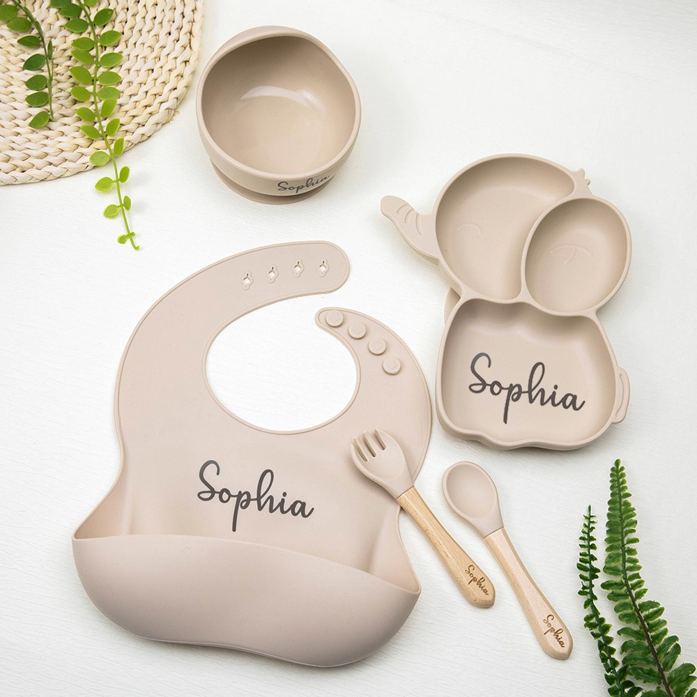 Custom Silicone Baby Suction Feeding Plate & Bowl Cutlery Set, Baby-Led Weaning Supplies, New Baby Toddler Dinnerware, First Birthday/Baby Shower Gift