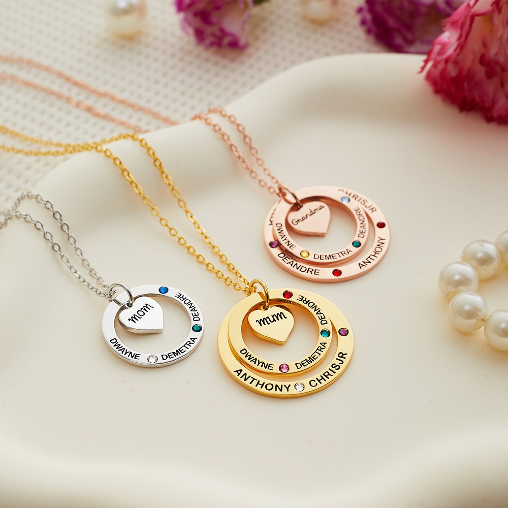 Birthstone Necklace with Heart & Ring Pendant, Necklace with Custom 1-7 Birthstones & Names, Jewelry for Grandma/Mother