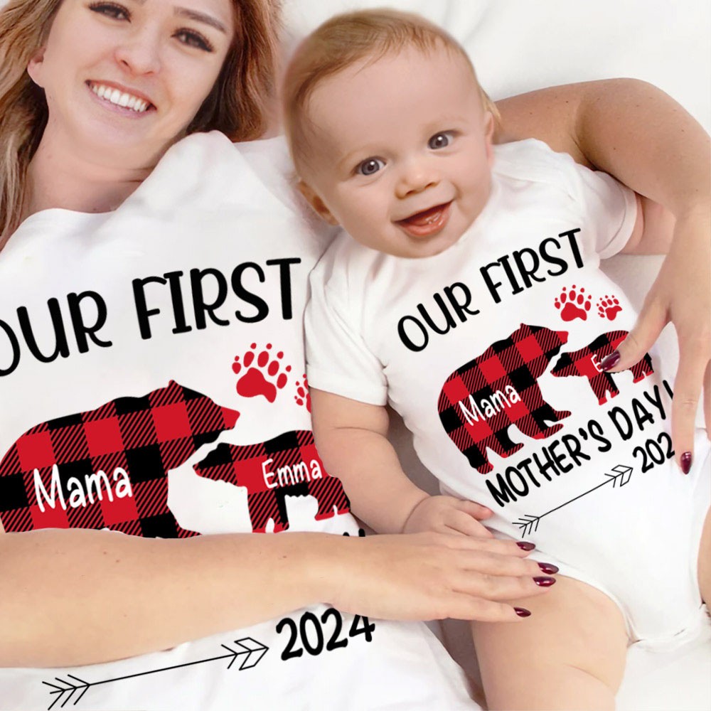 100% Cotton Our First Mother's day Mom and Baby Set, Customized Animals/Pattern Babysuit&Mommy T-shirt, Personalized T-shirt & BabyRomper, New Mom Gift, Holiday Party Gift for Newborn New Mom