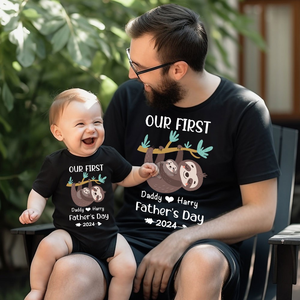 Custom Sloth Name Parent-child Shirt, Our First Father's Day Shirt, Cotton T-shirt/Rompers, Birthday/Father's Gift for Dad/Grandpa