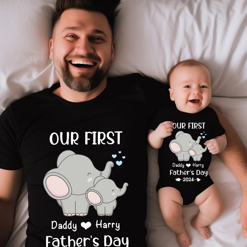Custom Elephant Name Parent-child Shirts, Father Son Matching Shirts, Family Shirts, Cotton T-shirts/Rompers, Father's Day Gift for Dad/Grandpa
