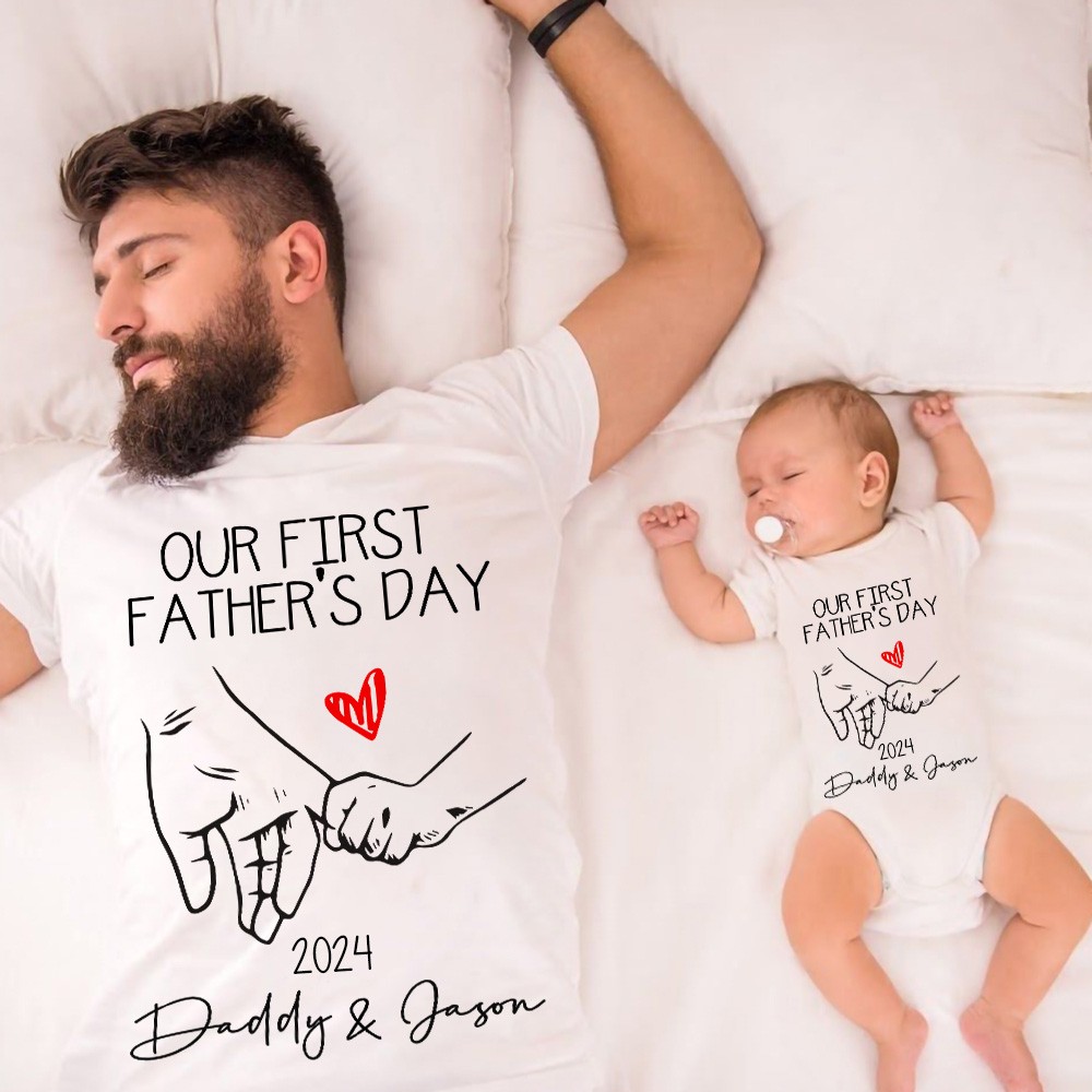 Skräddarsydd skjorta med namn och förälder-barn, vår första fars dagskjorta, fars- och bebiskropp i bomull, födelsedags-/farspresent till pappa/farfar
