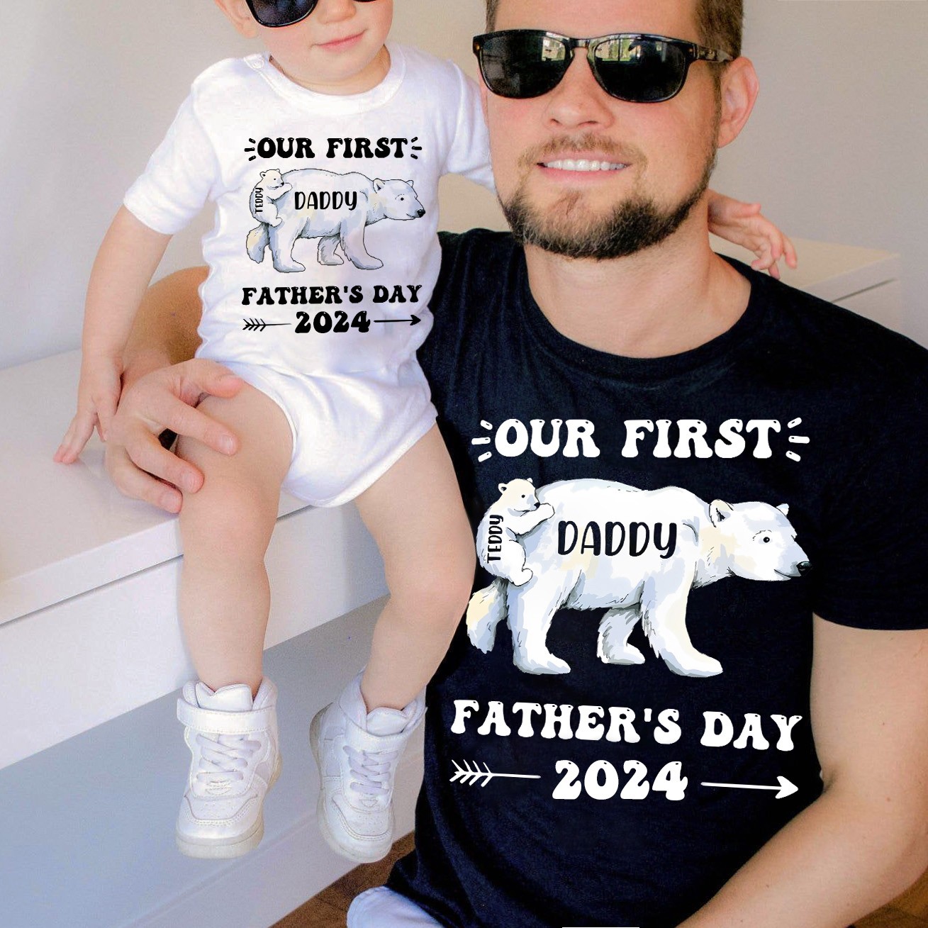 Personalisiertes Papa Eisbär &amp; Baby Eisbär T-Shirt, unser erstes Vatertagsshirt, Eisbär Shirts, passendes Baumwollshirt, Geschenk für Papa/Neugeborenes