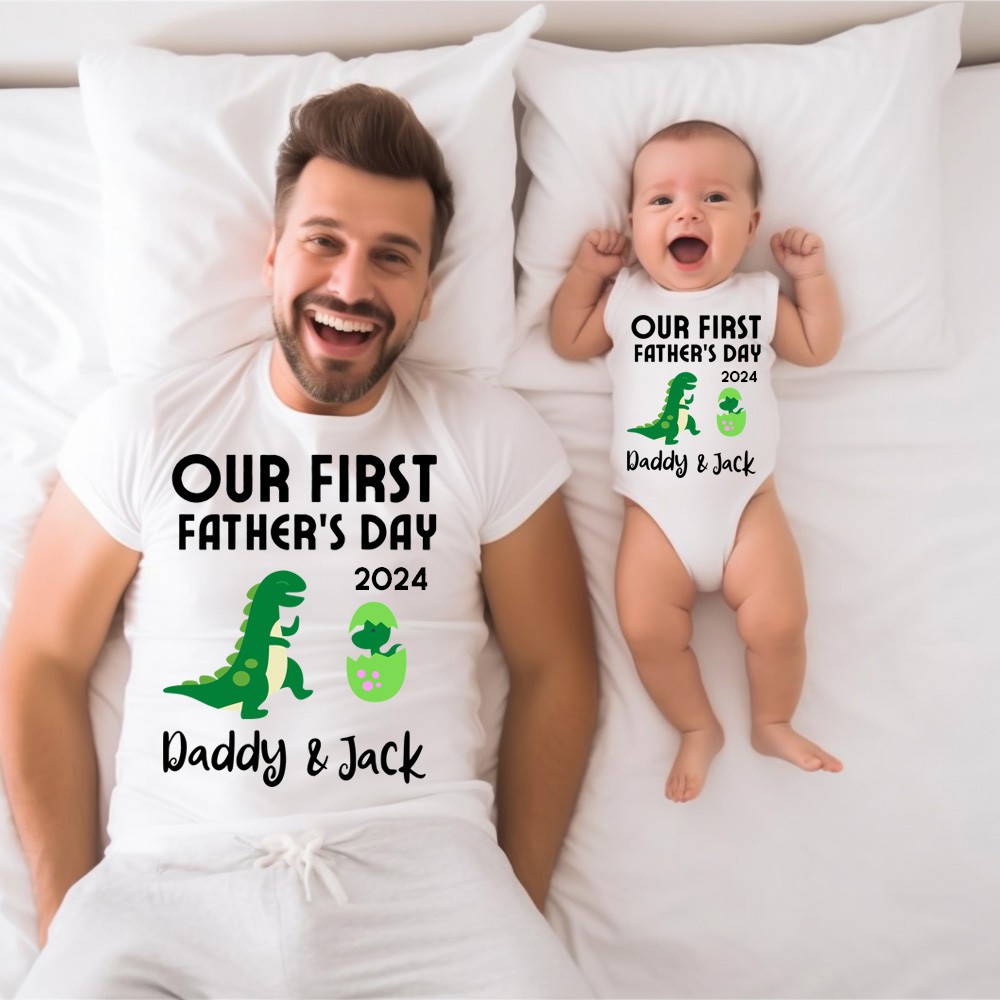 Anpassad tyrannosaurie-t-shirt, vår första farsdagströja, familjepresent, matchande bomullströja, farsdagspresent, present till pappa/bebis