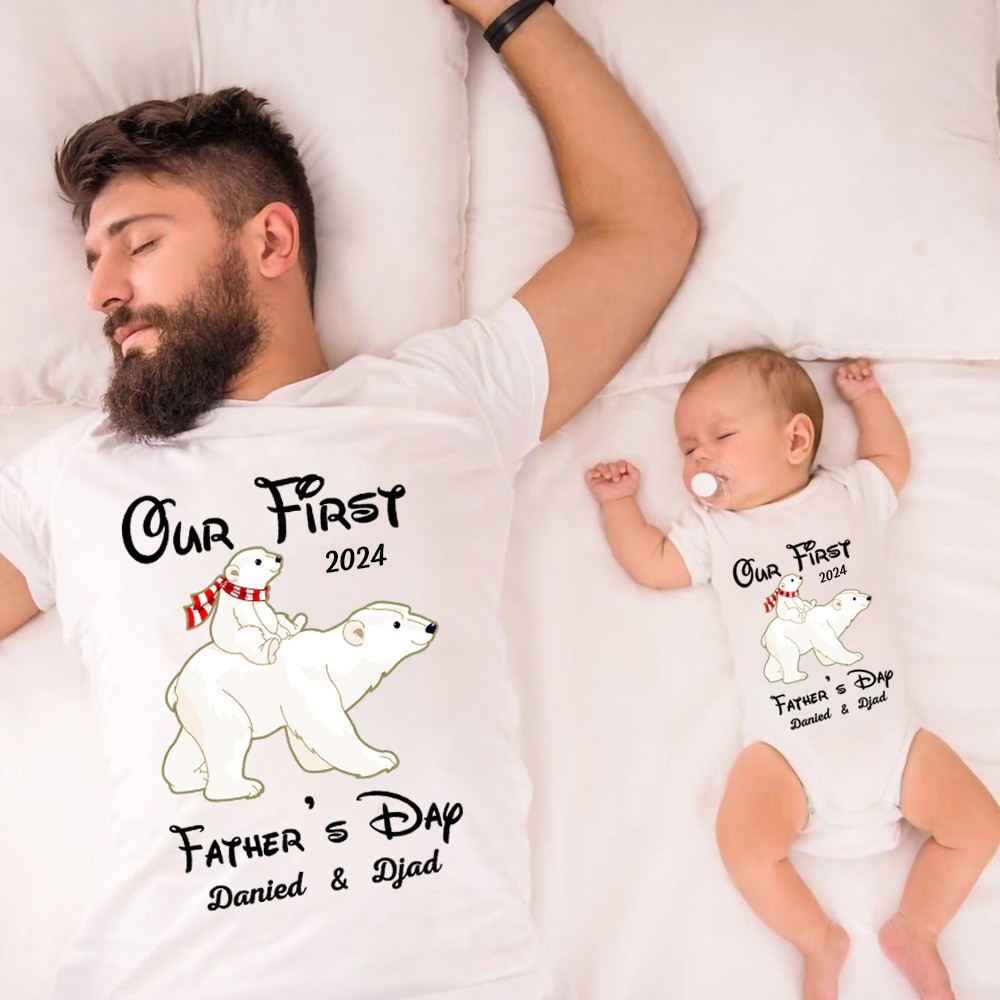Ours polaire personnalisé T-shirt et barboteuses pour bébé, notre première chemise de fête des pères, cadeau de famille, chemise assortie en coton, cadeau de fête des pères, cadeau pour papa/bébé