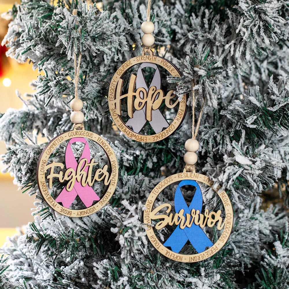 Cancer Awareness Ornaments, Cancer Fighter/Hope/Survivor Ornament, Breast/Pancreatic Cancer Bulk Items, Pink Ribbon Wooden Christmas Tree Decorations