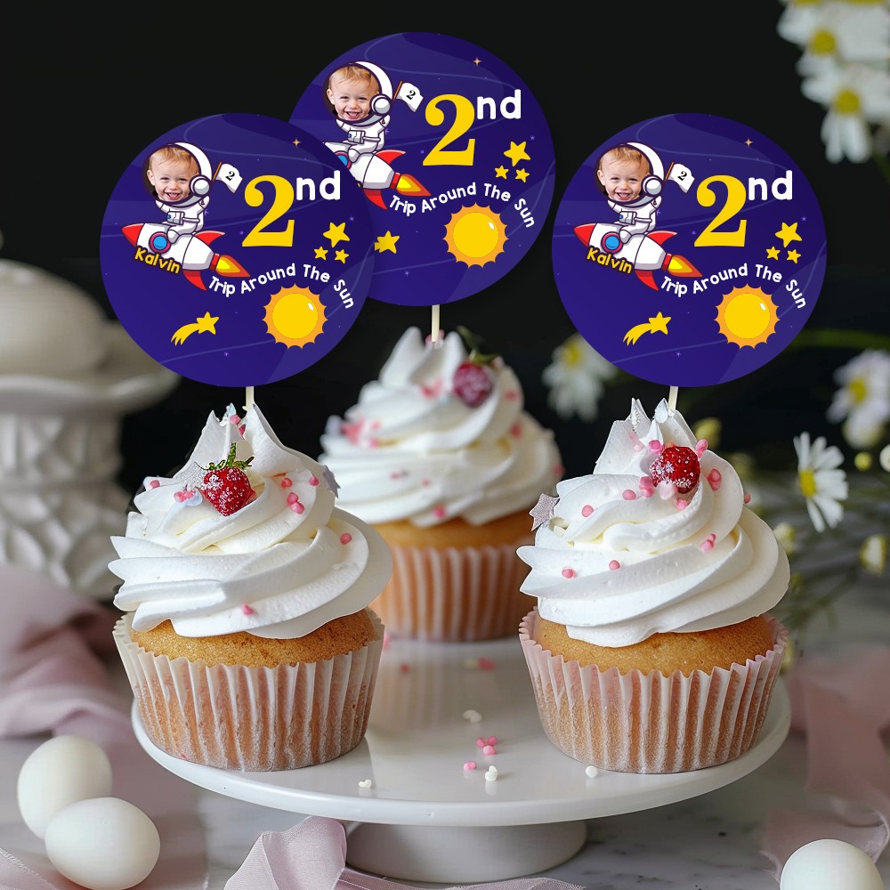 (Set of 12pcs)Personalized Space Cupcake Toppers, Sun And Moon Cupcake Toppers, First Trip Around The Sun, Birthday Cupcake Decorations, The First Birthday Party