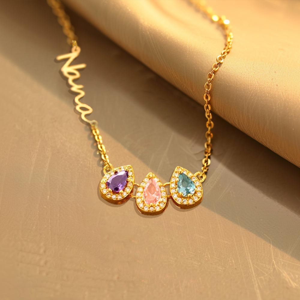 Personalized Sideways Name Teardrop Birthstones Family Necklace, 1-8 ...