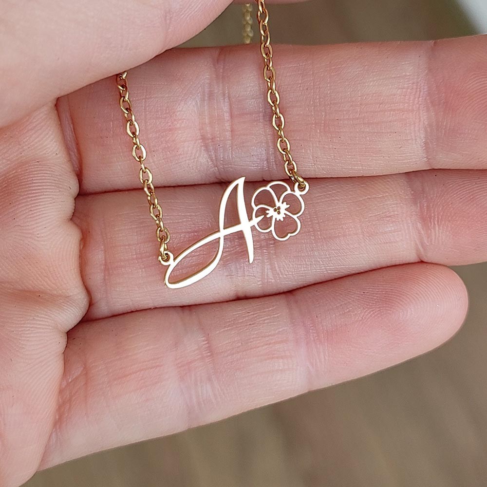 Personalized Birth Flower Jewelry, Custom Initial Charm with Birth Flower, Letter Birth Flower Necklace, Birth Month Initial Pendant