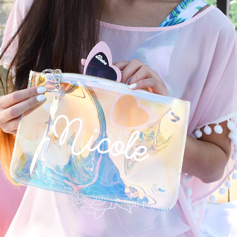 Personalized Name Iridescent Makeup Bag, Hologram Vinyl Ideas Bag, Holographic Gifts for Girl, Bridesmaid Gift, Birthday Gift