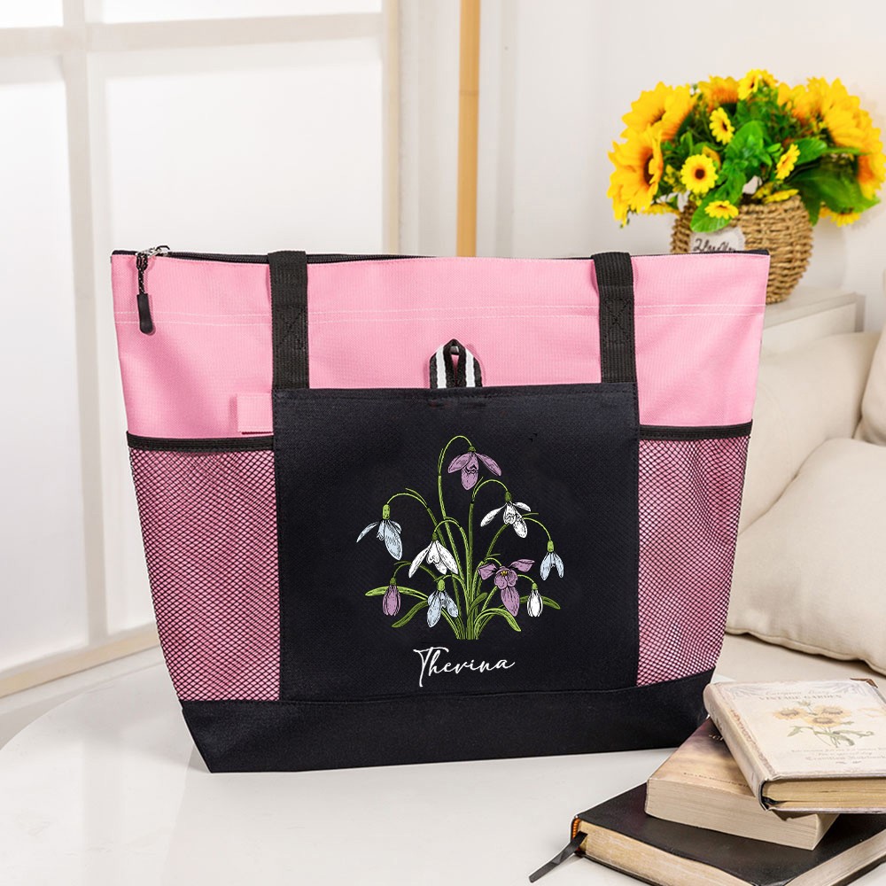 Custom Name Birth Flower Tote Bag, Large Capacity Oxford Cloth Tote Bag with Mesh Pocket, Women's Shopping Bag, Birthday/Mother's Day Gift for Mom/Her