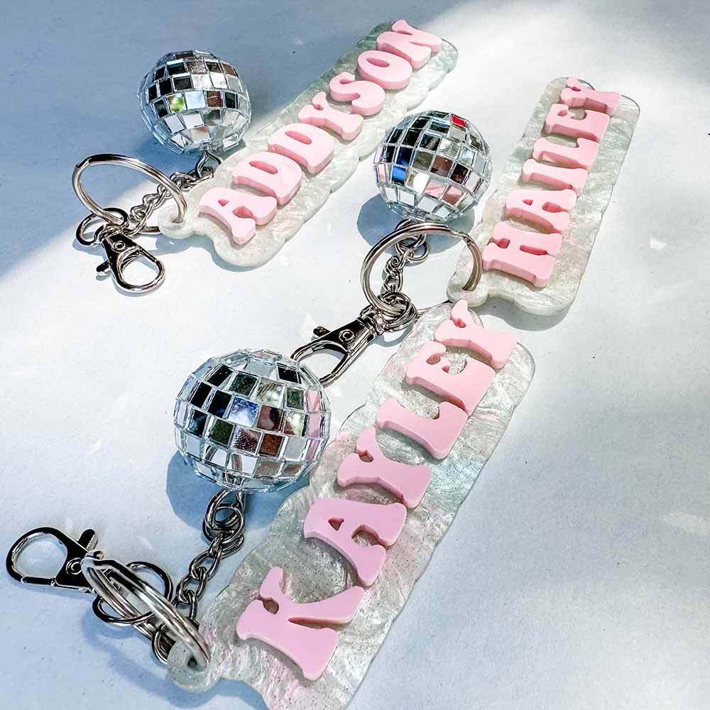 Personalized Name Tag Keychain with Disco Ball, Custom Name Acrylic Keychain, Bag Accessory, Trendy Gift for Her