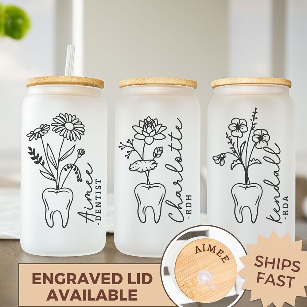 Personalized Birth Flower Glass Coffee Cup, Custom Name Dental Hygienist Cup, Dental Glass Tumbler with Lid, New RDH Gift, RDH Graduation Gift