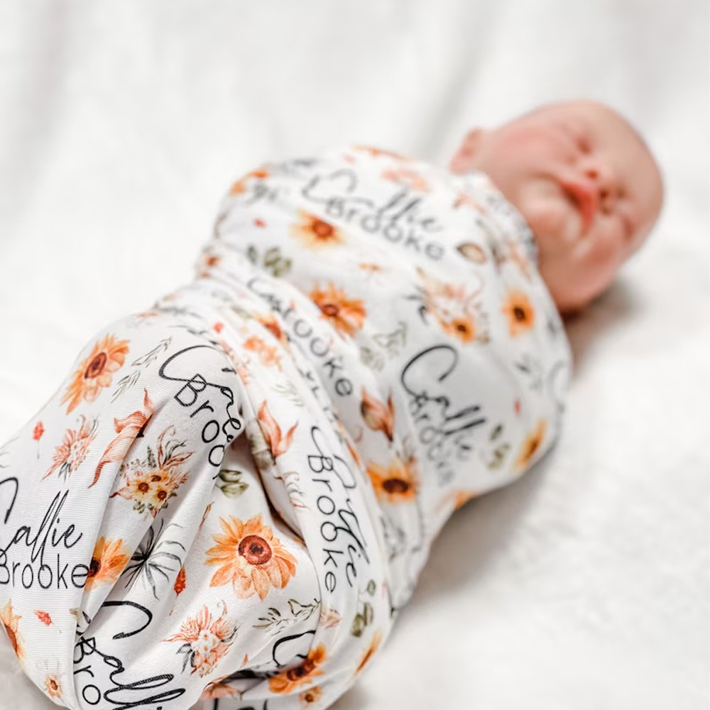 Personalized Baby Name Swaddle, Custom Sunflower Swaddle, Baby Shower Gift, Custom Baby Gift, Baby Keepsake, Sunflower Baby