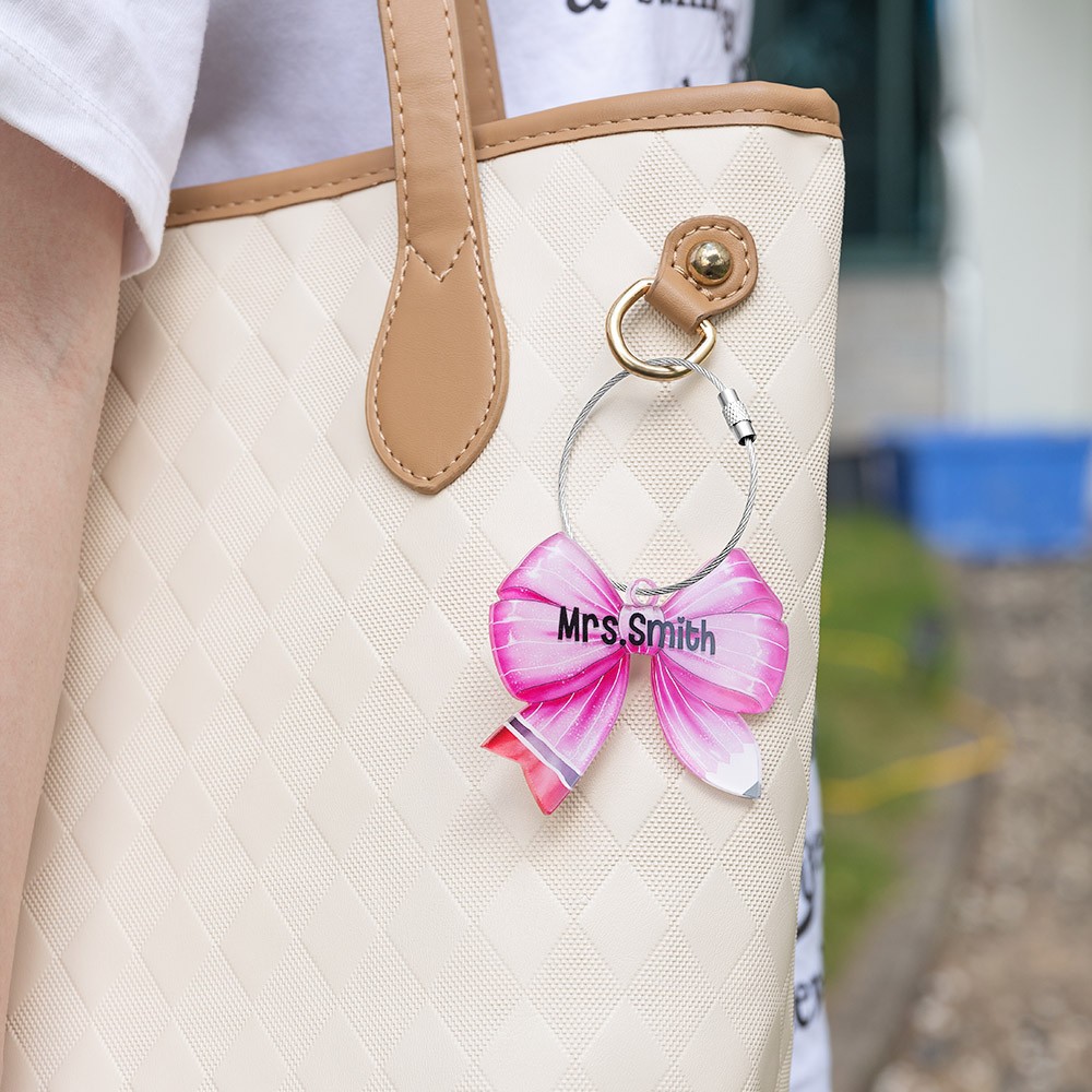 Personalized Cute Bow Pencil Keychain, Custom Name Acrylic Bag Tag ...