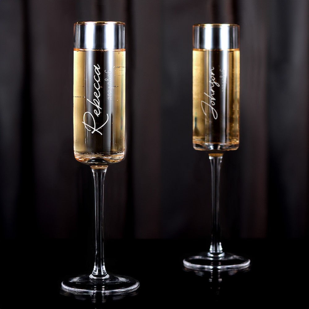 (Set of 2)Custom Engraved Champagne Flutes, Gold Rim Champagne Glasses with Names Date Logo, Bachelor Party Favors, Wedding Gifts for Couple/Guests