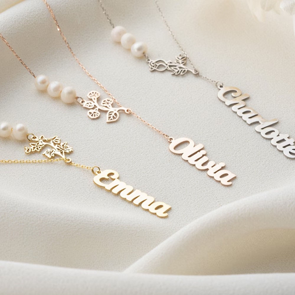 Personalized Birth Flower Pearl Lariat Name Necklace, Pearl Celestial Pendant, Unique Birth Flower Pearl Lariat Necklace