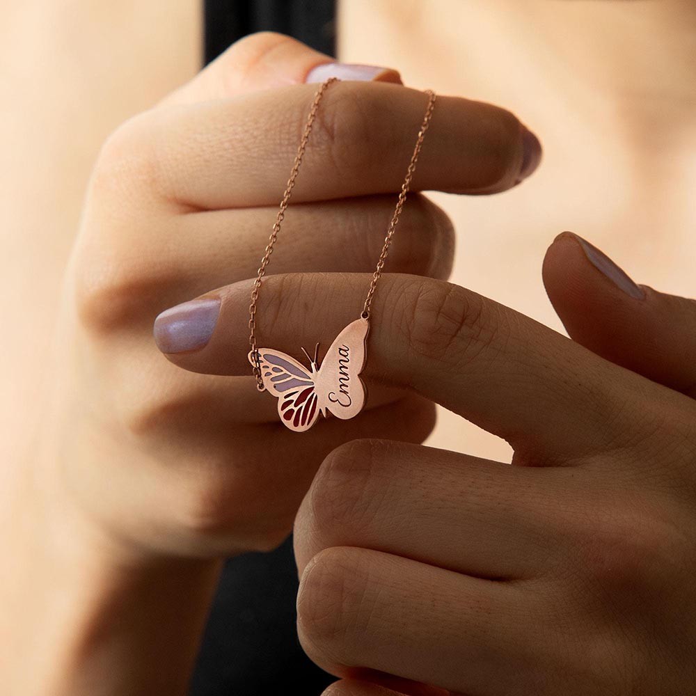Personalized Name Silver Butterfly Necklace, Dainty Enamel Butterfly Pendant for Women, Minimalist Jewelry
