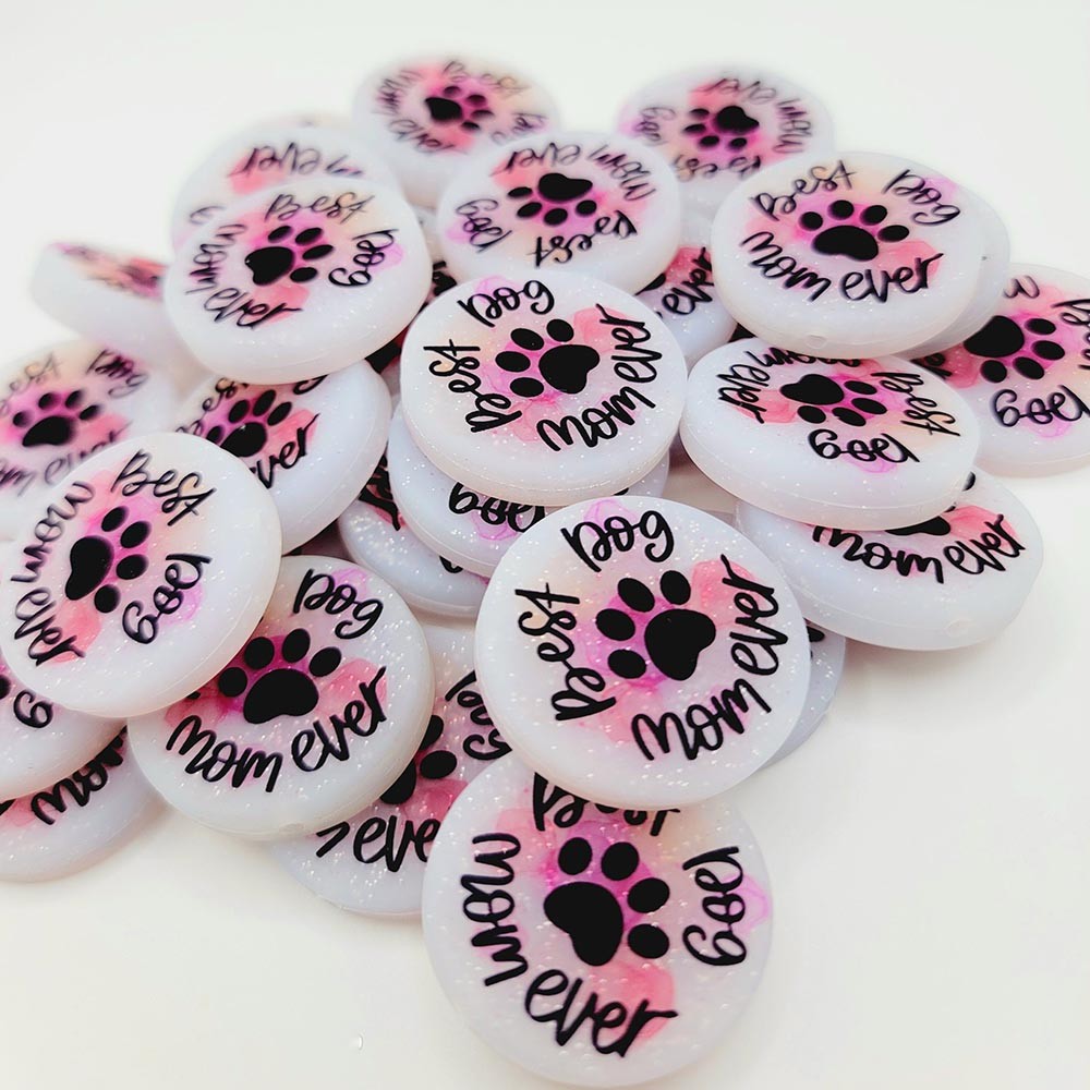 (Set of 2)Dog Mom Focal Bead, Best Dog Mom Silicone Bead, Pet Lover Focal Bead, Keychain Bead, Pawprint Pen Bead, Dog Focals, Glitter Beads
