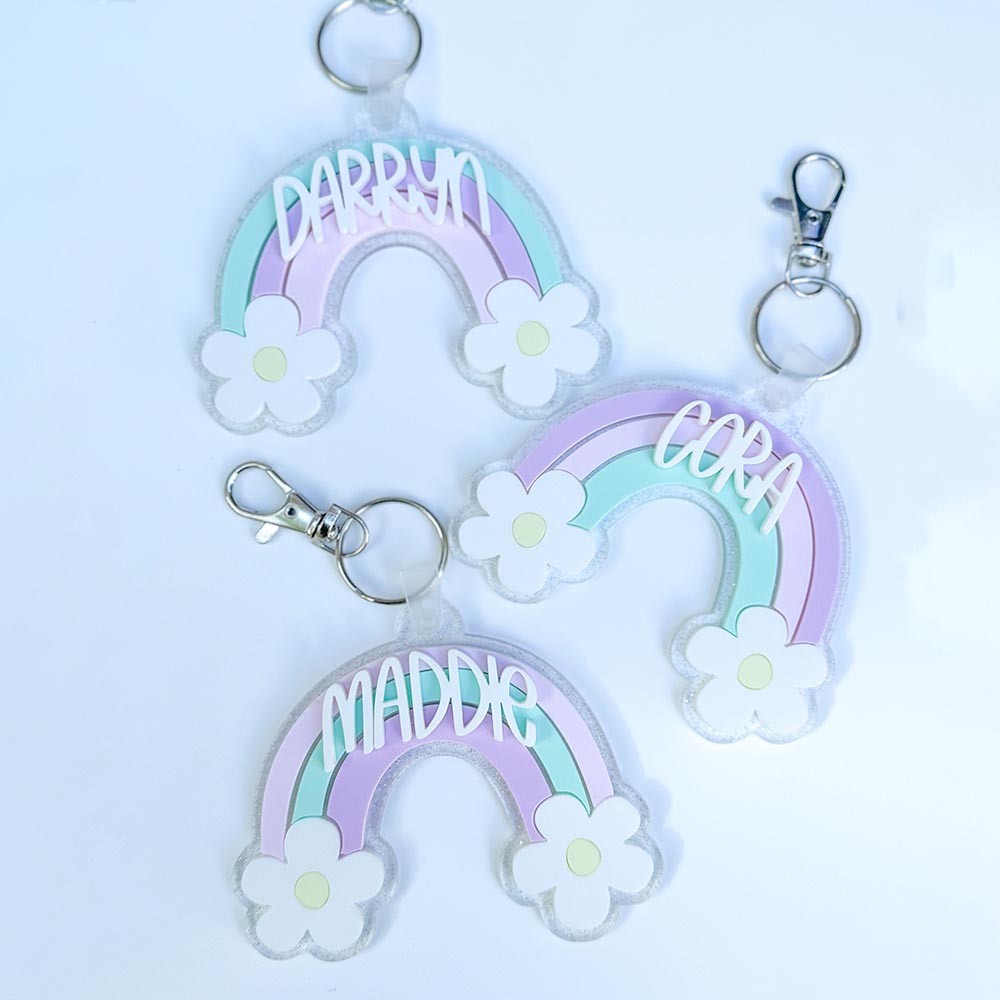 Rainbow Backpack Name Tag, Acrylic Keychain, Personalized Acrylic Name Tag, Diaper Bag Tag, Lunch Box Tag, Kids Tag