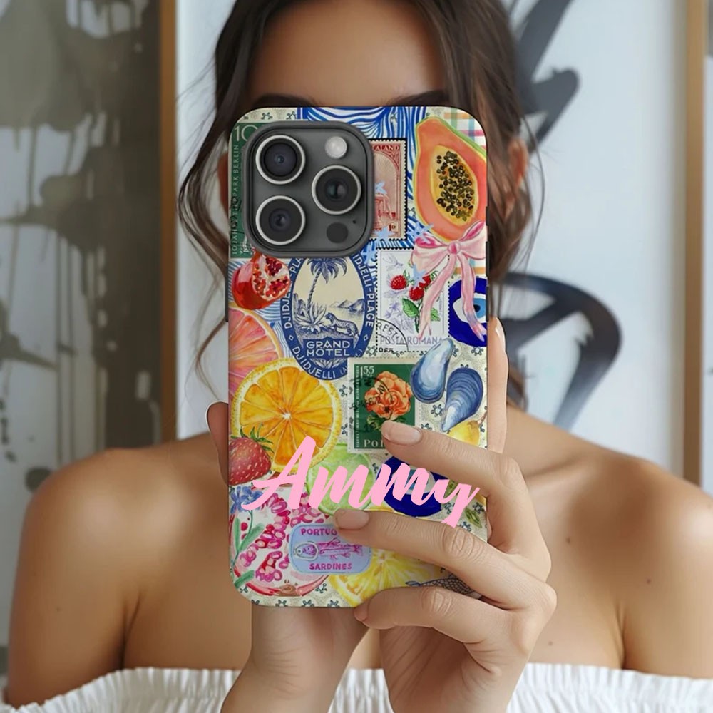 Fruity European Summer Collage Phone Case, La Dolce Vita, Spring Summer Themed, Cute & Trendy Cover, iPhone 15/14/13/12/11 Pro Max/8 Plus/X
