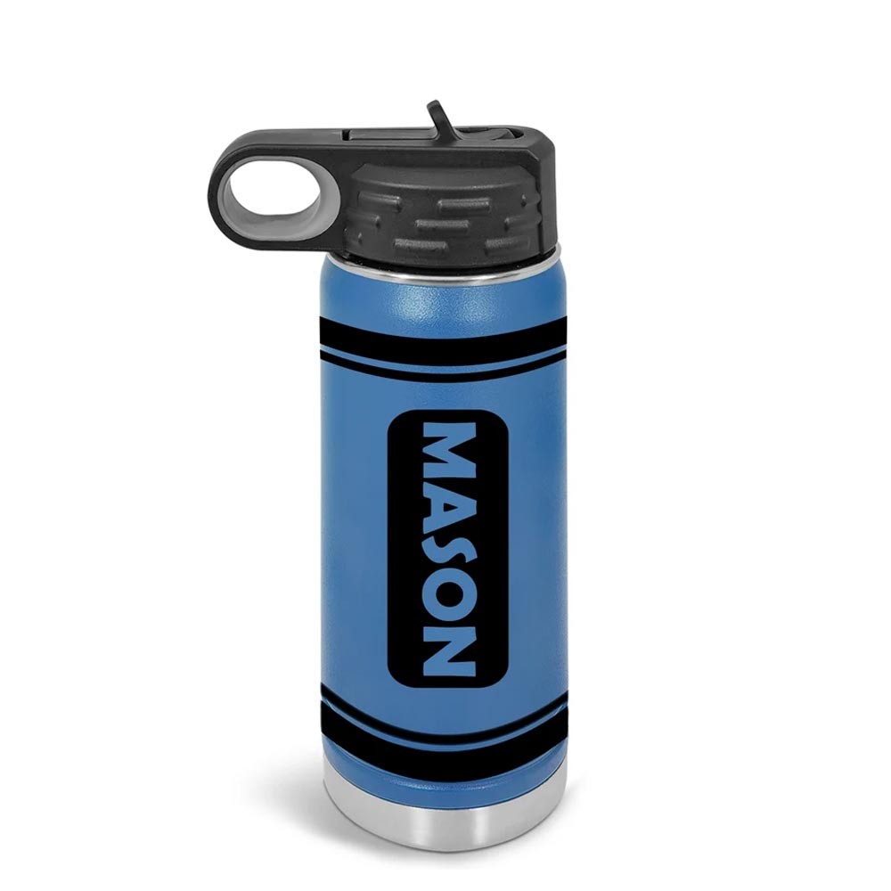 Personalized Kids Crayon Water Bottle Leak Proof, 20oz Insulated Steel Water Bottles, Name on Bottle Many Colors & Sizes