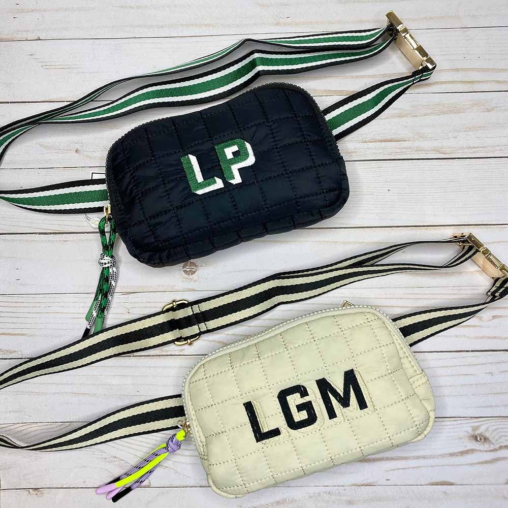 Personalized Monogrammed Embroidered Crossbody, Baseball Striped Strap Puffer Belt Bag, Quilted Fanny Pack, Mom Birthday Sideline School