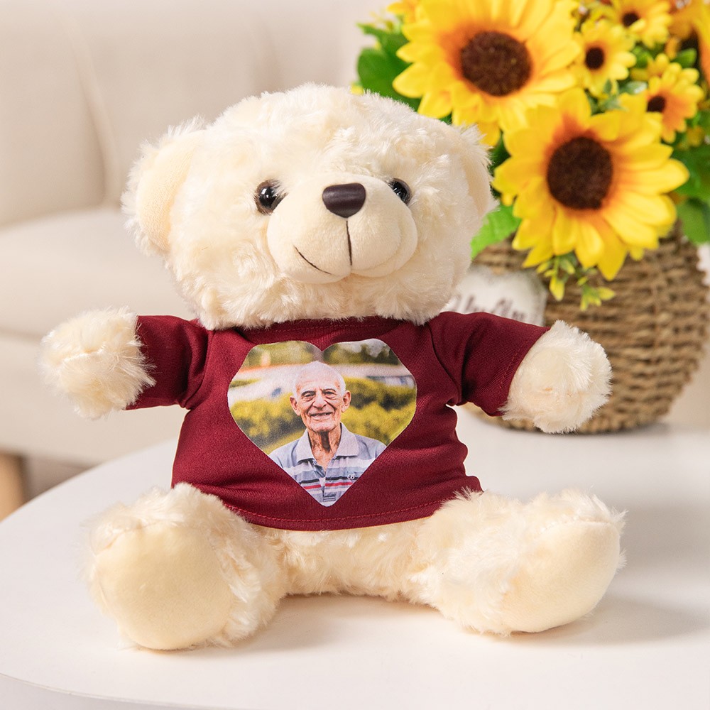 Personalized Cute Plush Stuffed Memory Bear With Heart Photo Shirt or Hoodie, Picture Teddy Bear, Memorial Anniversary Gift for Family Friend