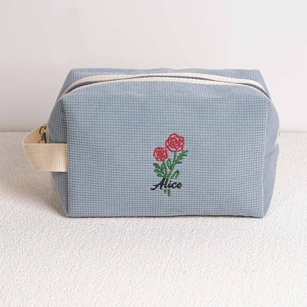 Personalized Name & Birth Flower Corduroy Makeup Bags, Custom Embroidery Cosmetic Bag, Birthday Gift for Women, Bridesmaid Gifts Bag