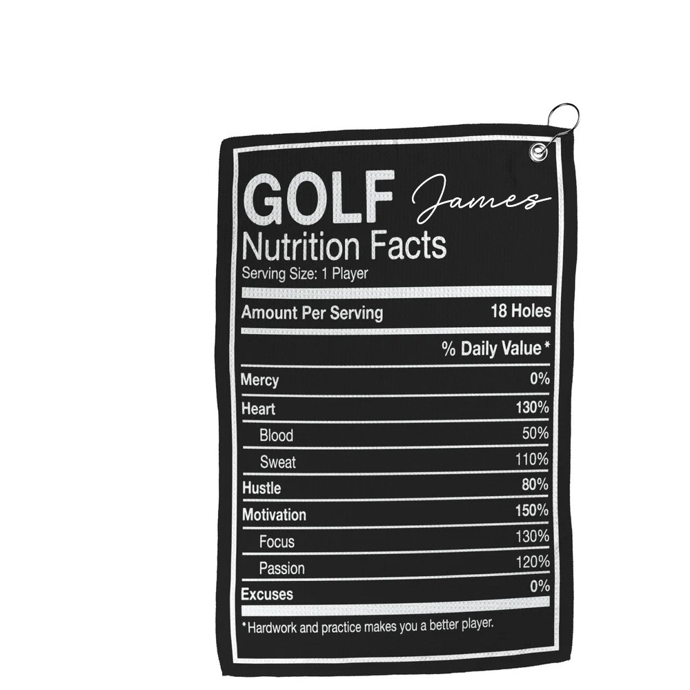 Personalized Name Golf Nutrition Towel, Funny Black Golf Towel, Golf Bag Towel, Golf Gifts, Gift for Golfer/Him