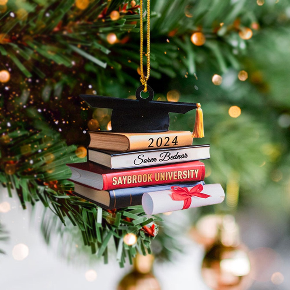 Personalisiertes Abschlussmützen-Ornament mit Büchern, Weihnachtsschmuck für die Klasse 2024, Weihnachts-/Abschlussgeschenk für College/Absolvent