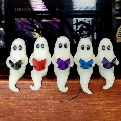 Pet Ghost Reading a Book, Miniature Shelf Sitter Figurine, Handmade Halloween Decoration, Spooky Cute Glow in the Dark