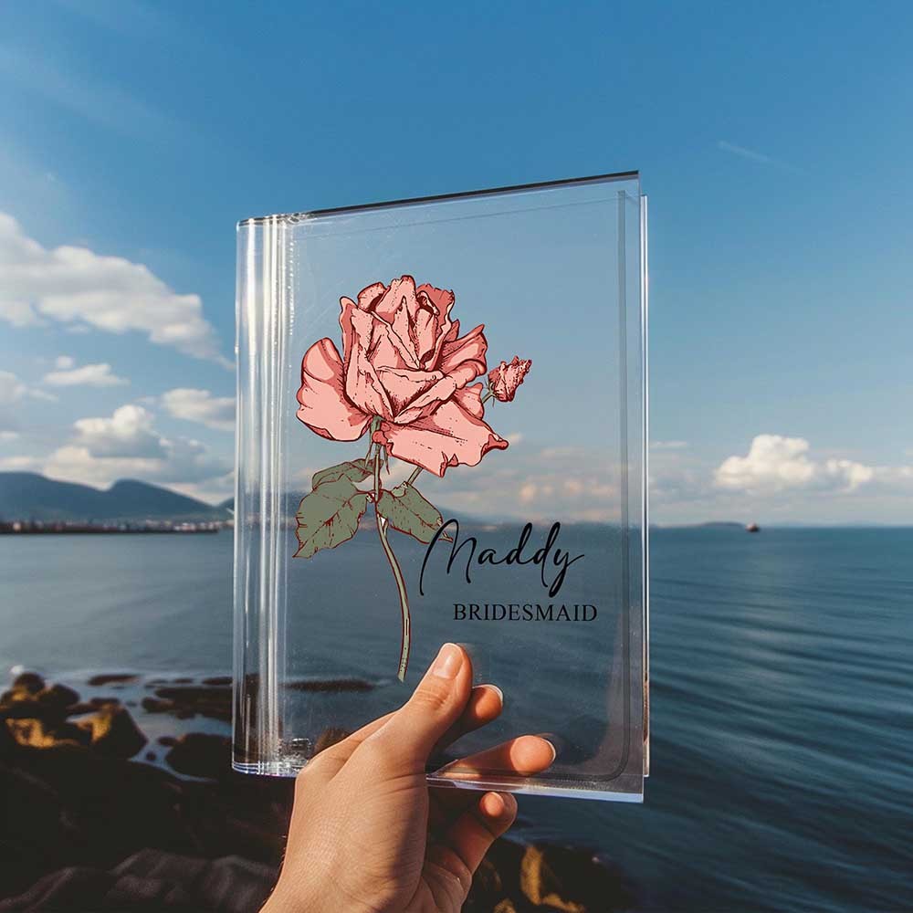 Personalized Name Birth Flower Book Shaped Flower Vase, Custom Birthday Acrylic Vase for Flower, Bridesmaid Proposal Party Favor, Gift for Bride/Bridesmaid