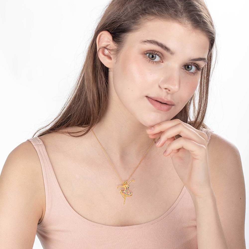 Ballerina Name Necklace for Girl, Silver Dancer Necklace with Rainbow Gemstone, Ballet Dancer Pendant Name Necklace, Girls Ballet Class Gift