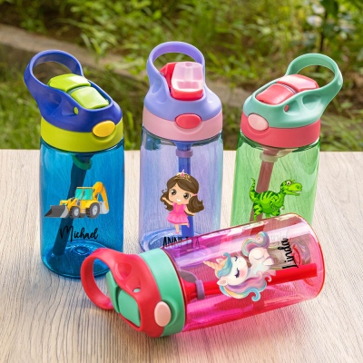 Bottiglia d'acqua con paglia di cartone animato con nome personalizzato, dinosauro, unicorno, tazza d'acqua portatile da 16 once per bambini, regalo da viaggio/campeggio/ritorno a scuola per bambini/ragazzi/ragazze