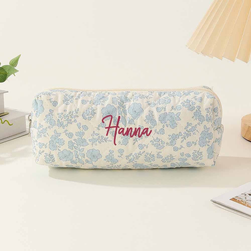 Personalized Name Plaid Floral Quilted Cotton Pencil Case, Cute Creamy Blue Cosmetic Bag, Small Capacity Makeup Bag, Embroidered Makeup Bag