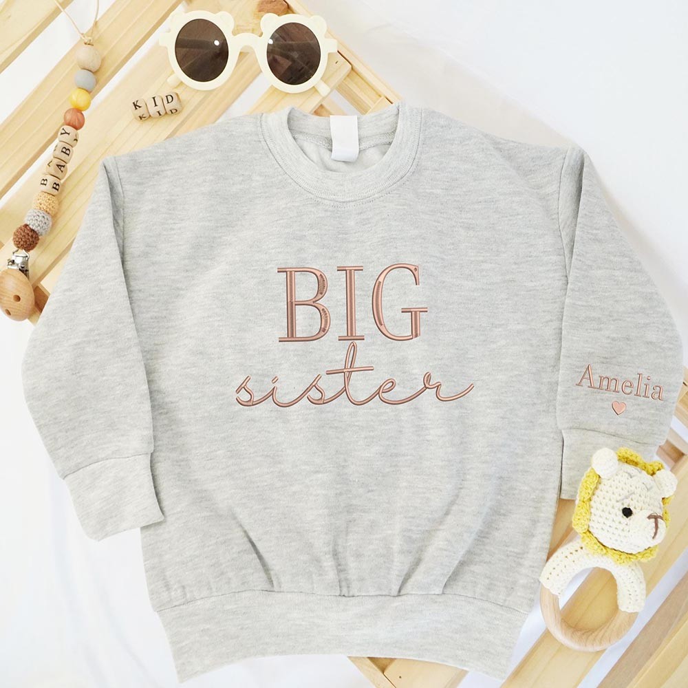 Embroidered Big Sister Toddler Sweater, Sister Shirt Pregnancy Announcement, Custom Kids Name Sweatshirt, Little Sister Shirt, New Baby Gift