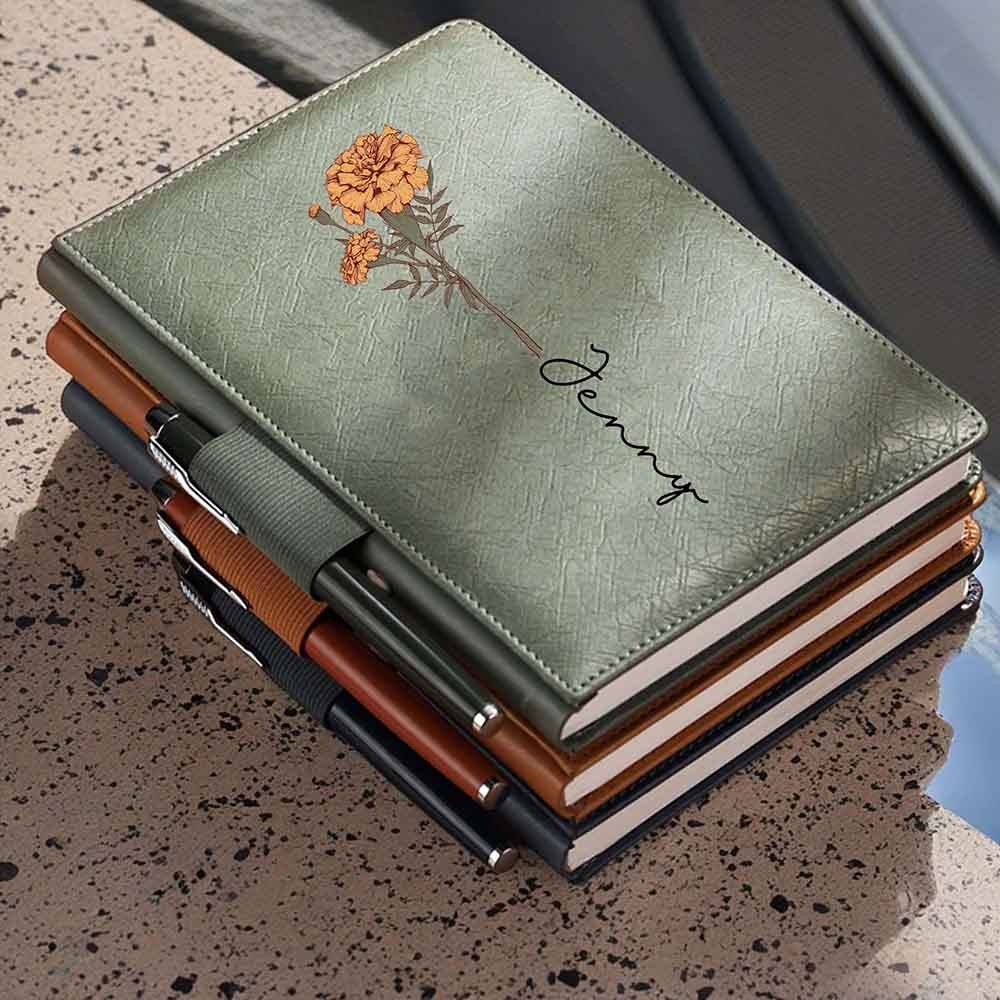 Custom Name Birth Flower Notebook, Personalized Birthday Flower Diary, Notebook with Pen Holder, Customized Name Diary, Birthday Gift
