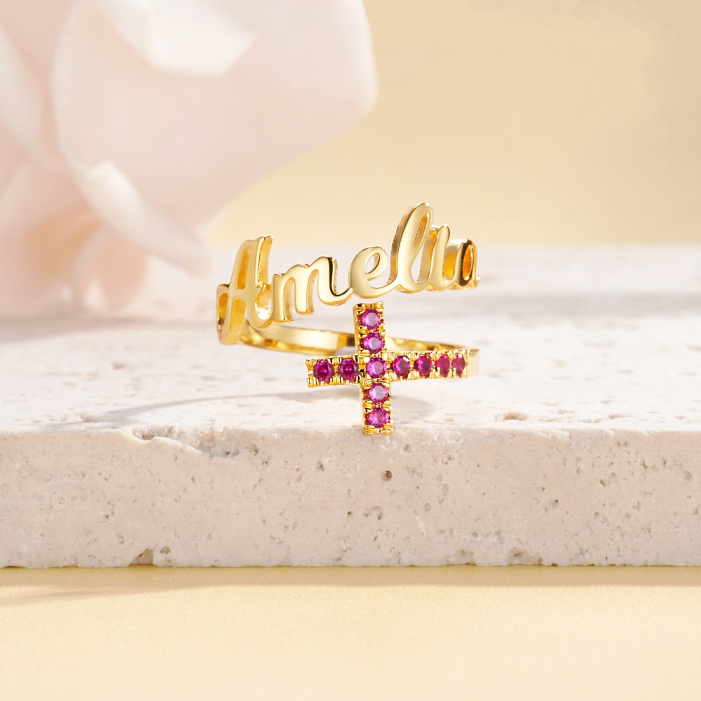 cross name ring with birthstone