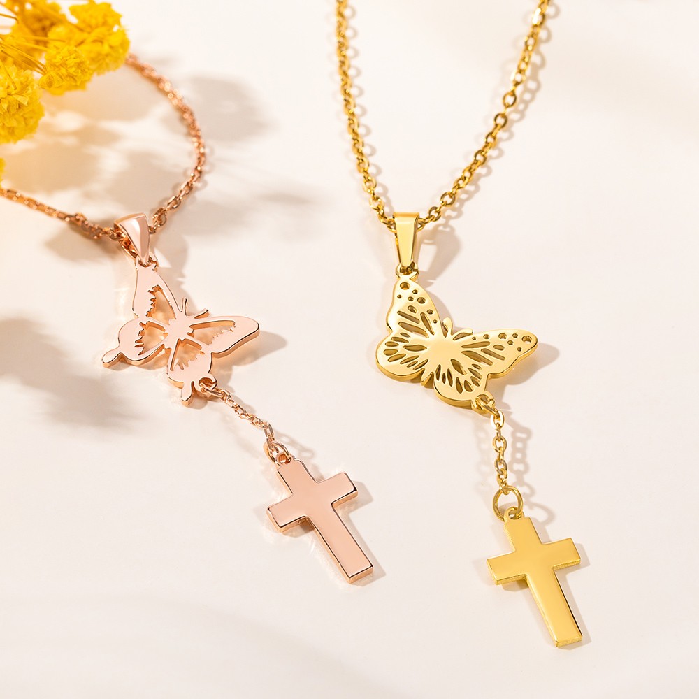 Birth butterfly cross necklace