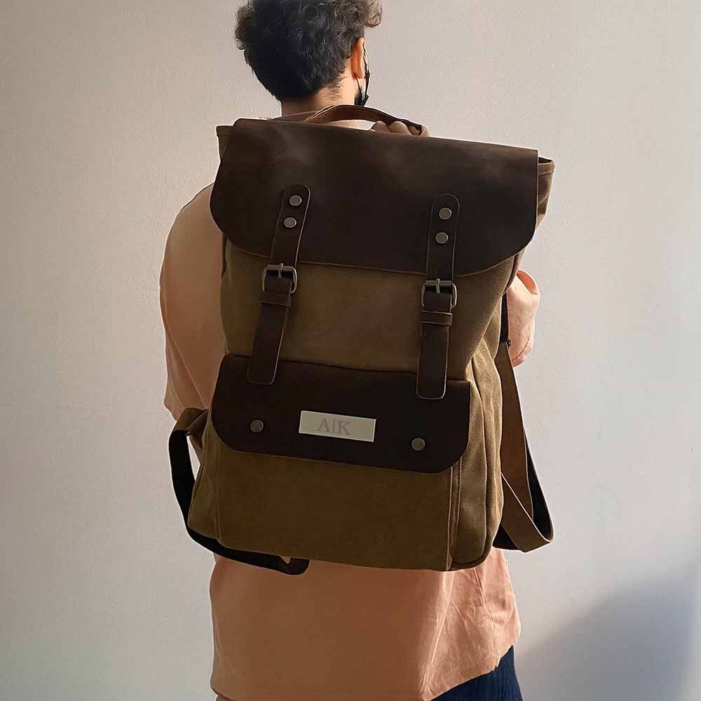 Personalized Name Tag Travel Backpack, Canvas Leather Backpack, Large Capacity Commuter Laptop Backpack, Christmas Gift