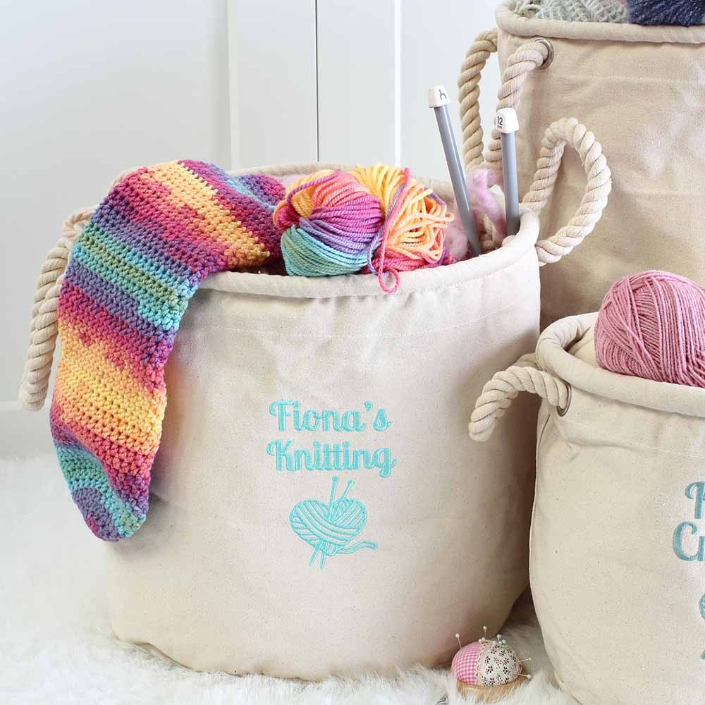 Personalized Name Knitting Storage Basket, Canvas Storage Basket for Crochet, Christmas Gift, Birthday Gift, Gift for Her