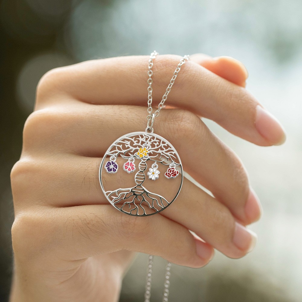 Personalized DNA Tree of Life Necklace with Birth Month Flowers, Family DNA Jewelry, Double Helix Biology Jewelry for Grandma/Mom/Her