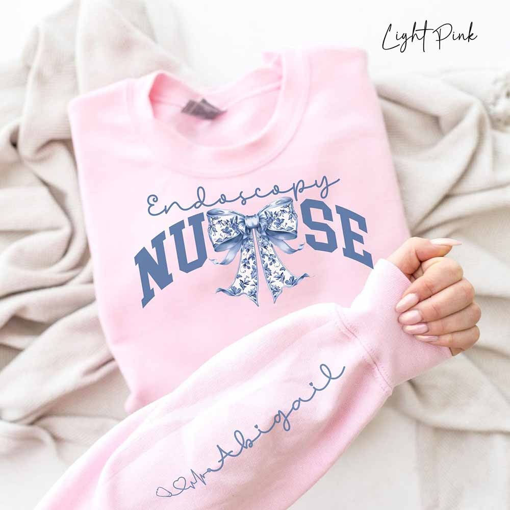 Personalized Endoscopy Nurse Bow Sweatshirt, Endoscopy Nurse Shirt, Endoscopy Shirt, Blue Ribbon Sweater, Endoscopy Gift, Endoscopy RN Shirt