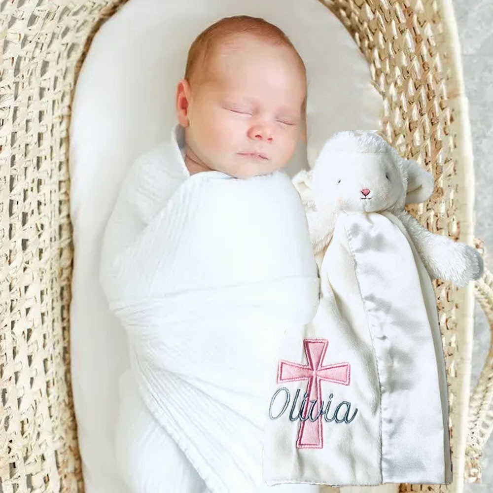 Baptism Gift, Baby Girl Baptism Gift, Christening Gift For Baby, Personalized Baptism Blanket, Lamb Lovey Blanket
