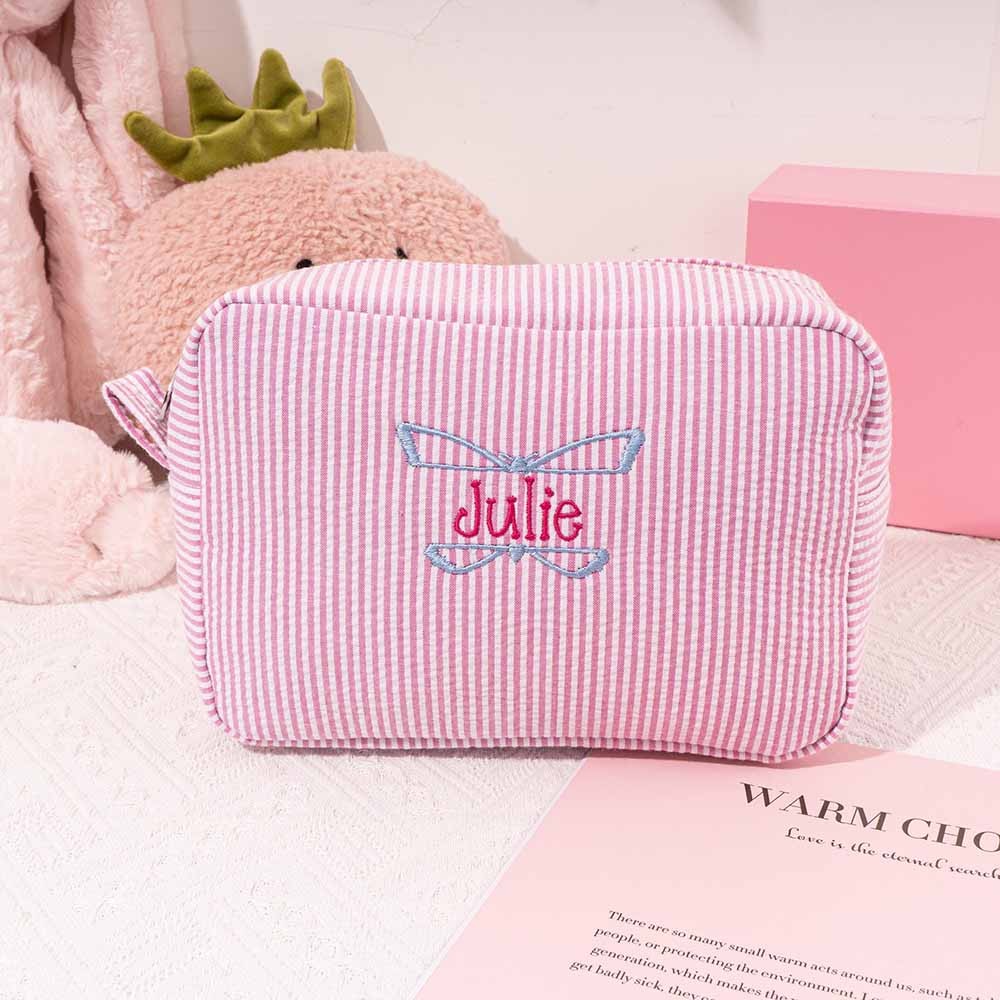 Personalized Seersucker Cosmetic Bag, Customized Pink Cosmetic Bag, Embroidered Cotton Bag, Portable Travel Toiletry Bag, Gift for Her, Christmas Gift