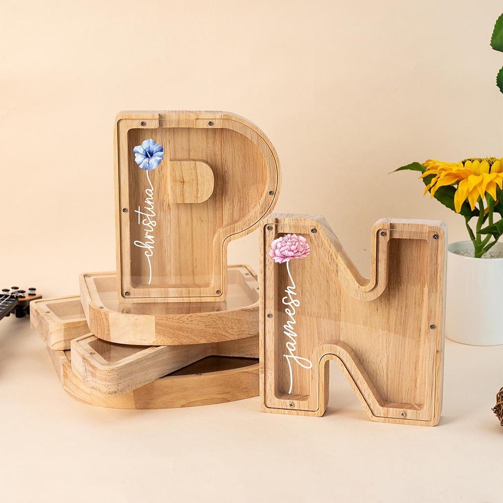 Personalized Name Letter Piggy Bank with Birth Flower, Kids Wooden Money Box, Custom Initial Coin Bank, Birthday Gift, Xmas Gift for Child/Baby